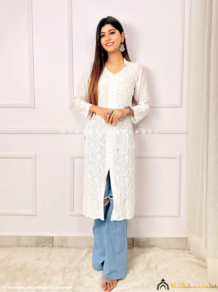 WHITE KIARA MUSLIN CHIKANKARI STRAIGHT KURTI