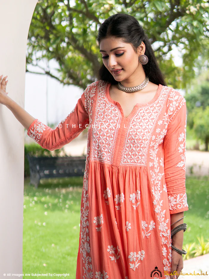 PEACH NIA MUSLIN CHIKANKARI A-LINE KURTI
