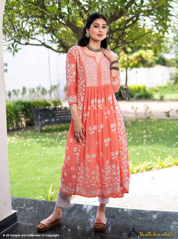 PEACH NIA MUSLIN CHIKANKARI A-LINE KURTI