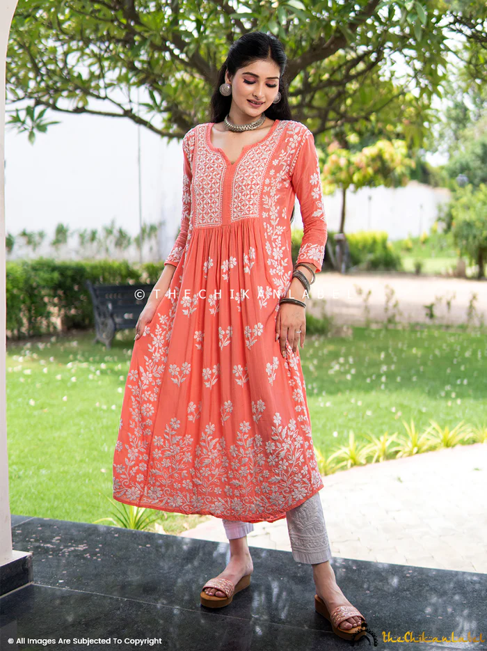 PEACH NIA MUSLIN CHIKANKARI A-LINE KURTI