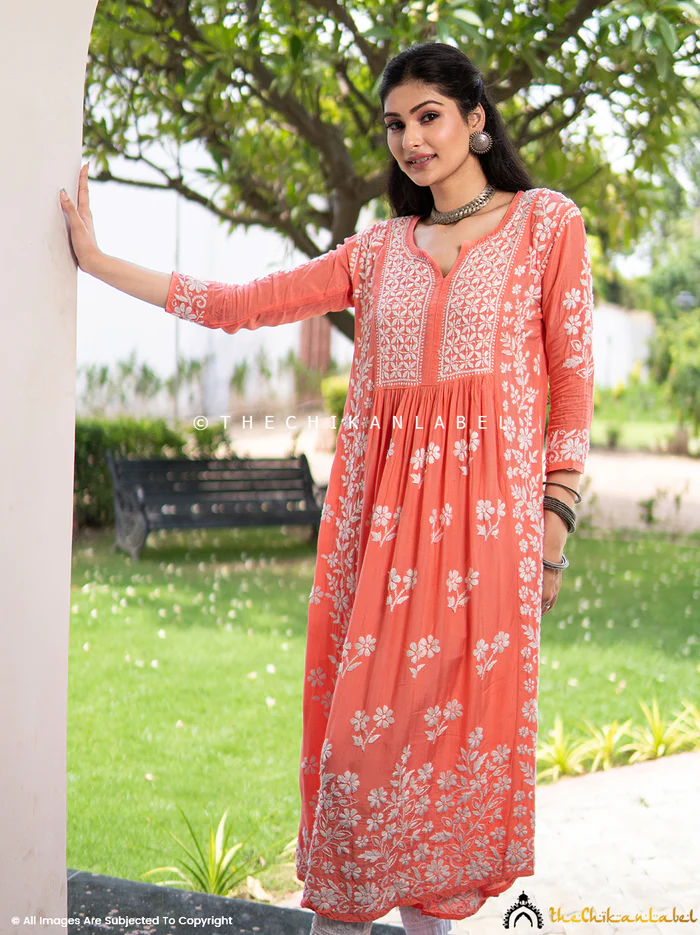 PEACH NIA MUSLIN CHIKANKARI A-LINE KURTI