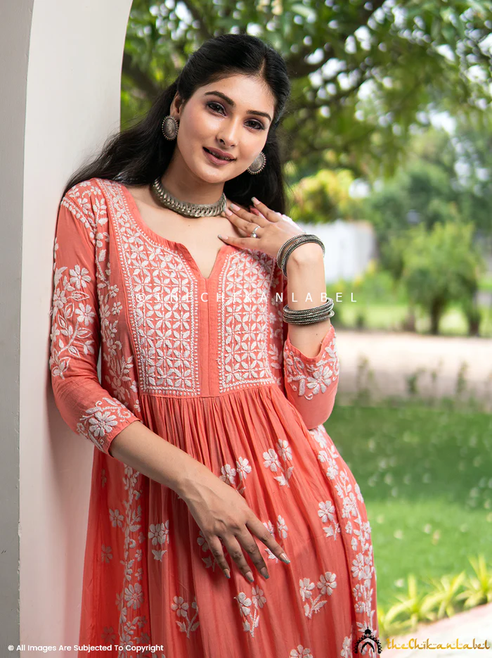 PEACH NIA MUSLIN CHIKANKARI A-LINE KURTI