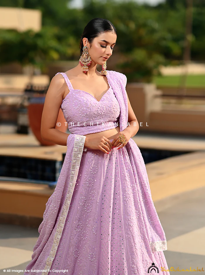 LAVENDER CHIKANKARI CUT DANA LEHENGA SET WITH PEARL And MIRROR WORK