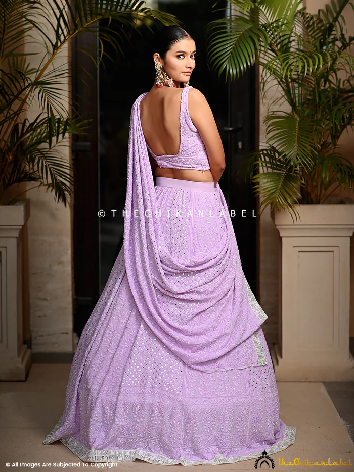 LAVENDER CHIKANKARI CUT DANA LEHENGA SET WITH PEARL And MIRROR WORK