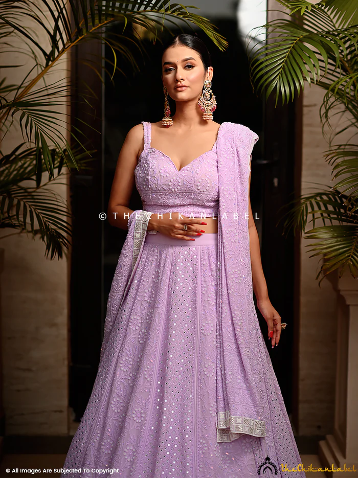 LAVENDER CHIKANKARI CUT DANA LEHENGA SET WITH PEARL And MIRROR WORK