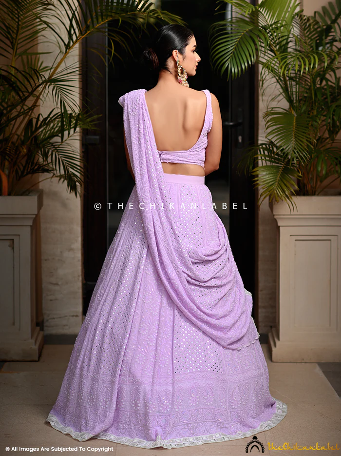 LAVENDER CHIKANKARI CUT DANA LEHENGA SET WITH PEARL And MIRROR WORK