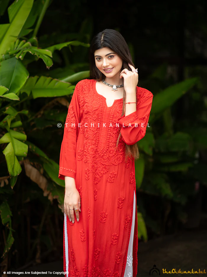 RED MARYAM CREPE STRAIGHT CHIKANKARI KURTI
