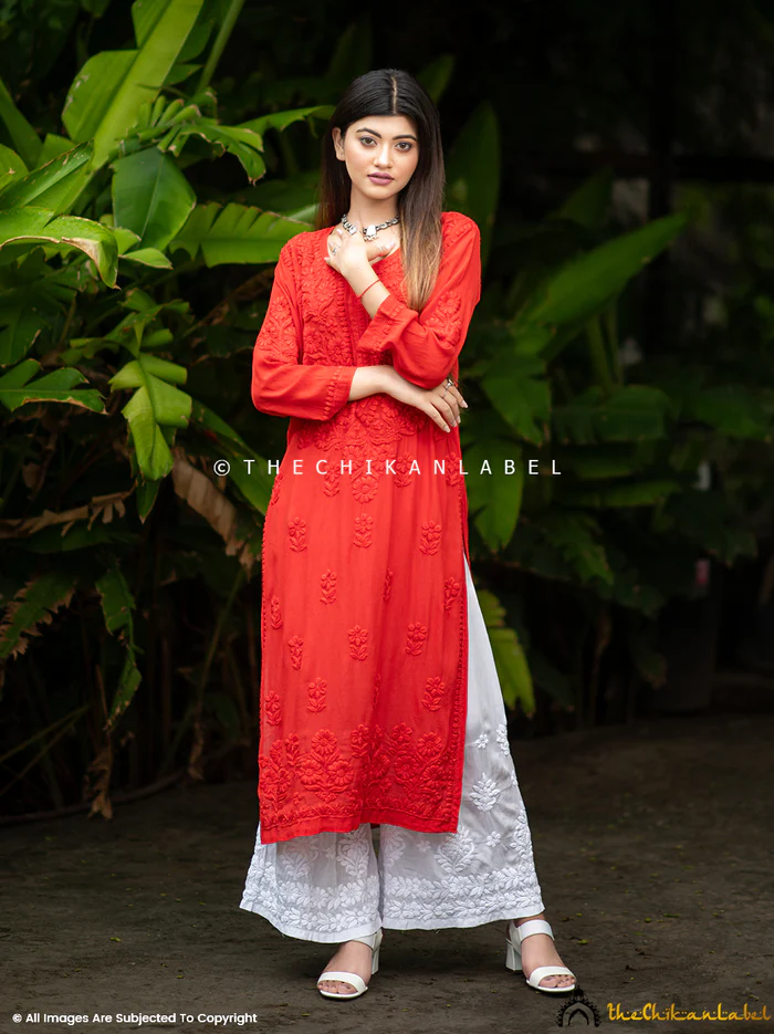 RED MARYAM CREPE STRAIGHT CHIKANKARI KURTI