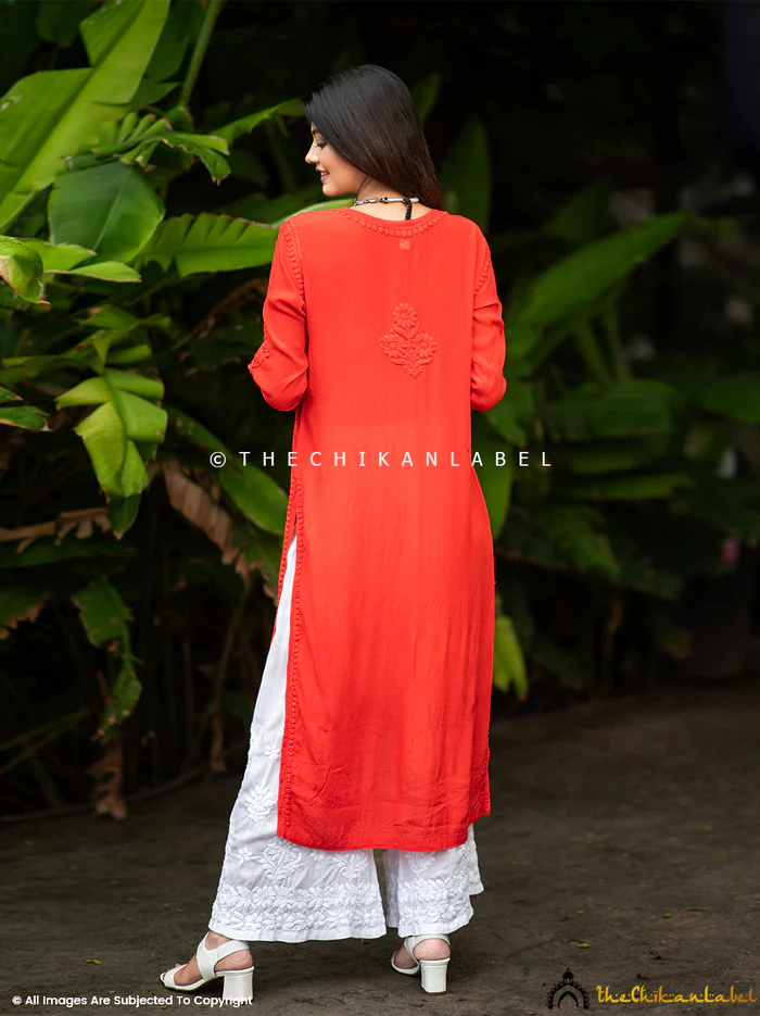 RED MARYAM CREPE STRAIGHT CHIKANKARI KURTI