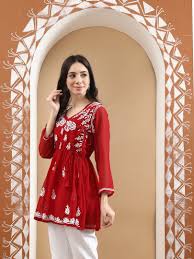 SEVA CHIKAN HAND EMBROIDERED RED COTTON LUCKNOWI CHIKANKARI TOP WITH SLIP