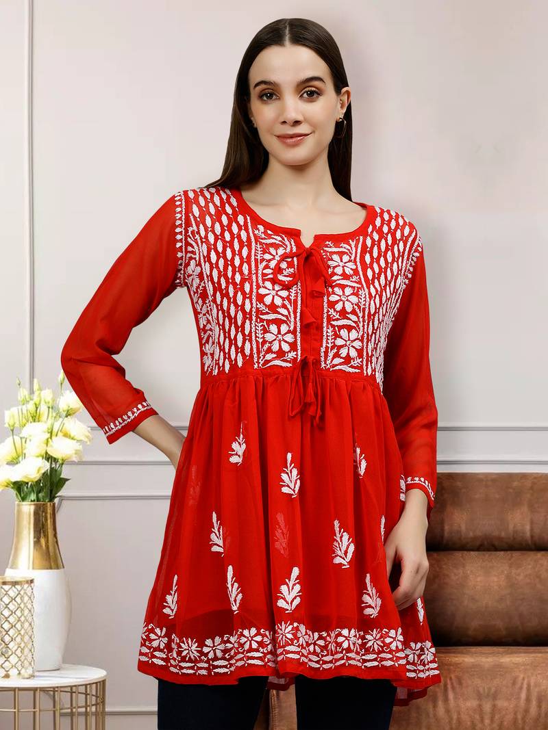 SEVA CHIKAN HAND EMBROIDERED RED COTTON LUCKNOWI CHIKANKARI TOP WITH SLIP