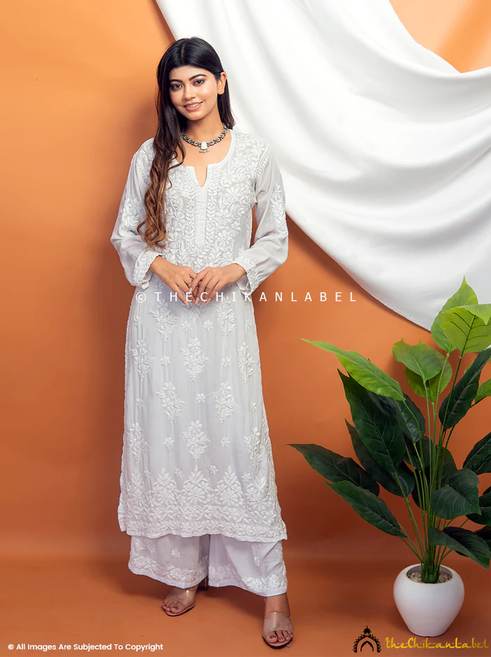 WHITE EZRAH MODAL STRAIGHT CHIKANKARI KURTI