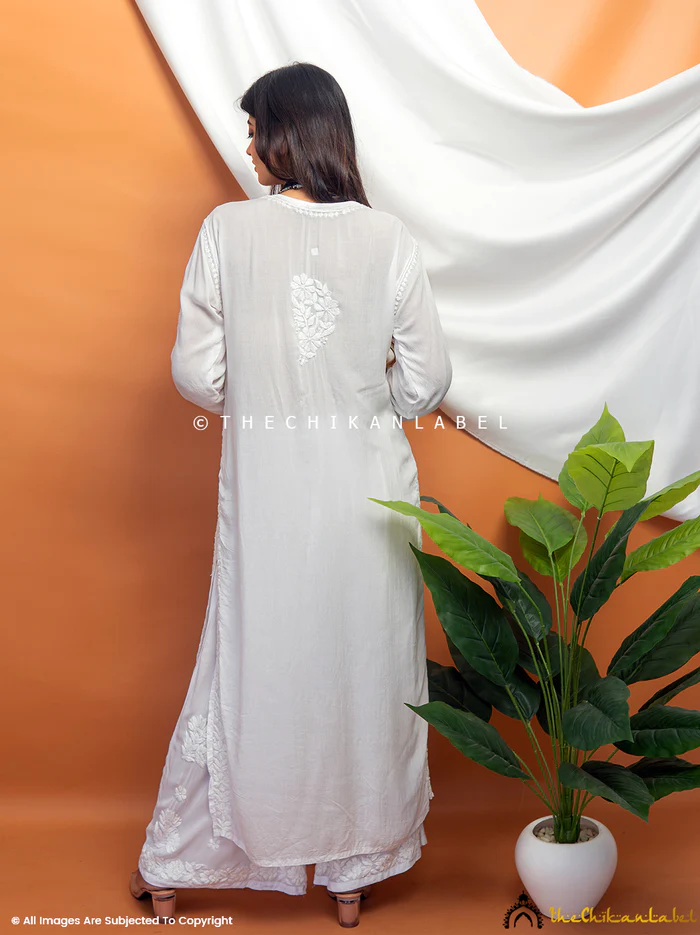 WHITE EZRAH MODAL STRAIGHT CHIKANKARI KURTI
