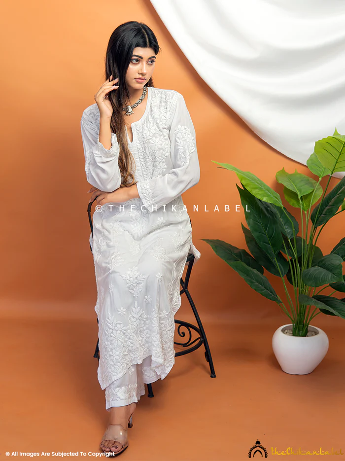 WHITE EZRAH MODAL STRAIGHT CHIKANKARI KURTI