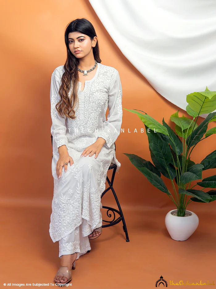 WHITE EZRAH MODAL STRAIGHT CHIKANKARI KURTI