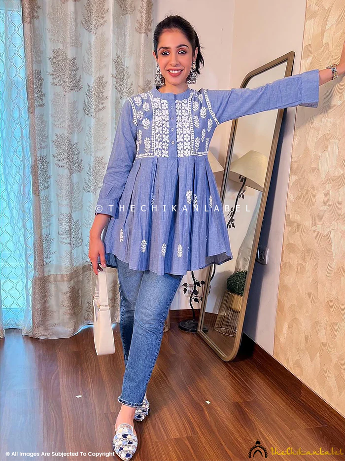 PRERNA CHHABRA EKAYA DENIM FROCK CHIKANKARI TUNIC SHIRT